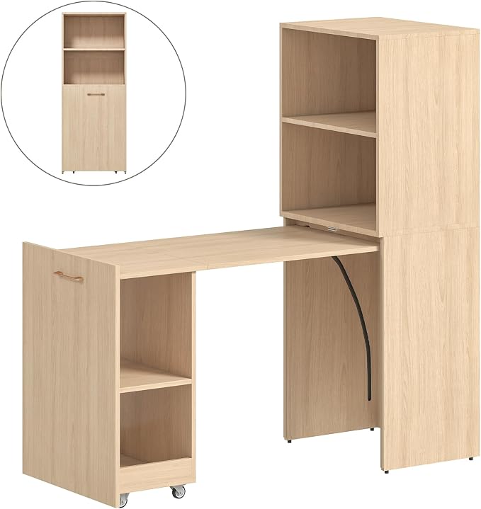Zevemomo Folding Desk with Storage, Convertible Table with Shelves & Wheels, Craft Cabinet with Fold Out Table, Compact Computer Desk for Small Space, Reversible L Shaped Desk - Beige