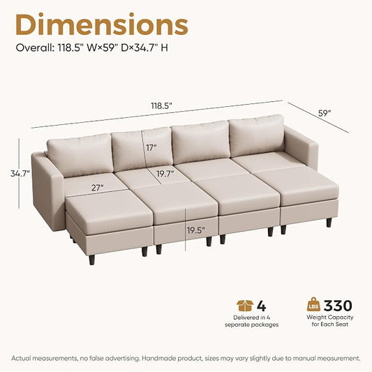 ABCASA 118.5" Faux Leather Oversized Sleeper Sofa Bed with Storage Seat, 8 Seat Modular Sectional Couch Deep Seat with Reversible Chaises & Movable Ottoman - Gray