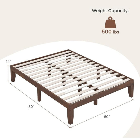 Giantex 14 Inch Queen Wood Platform Bed Frame, Minimalist Style Mattress Foundation with Solid Rubber Wood, Heavy Duty Slat Support, Without Headboard, Easy Assembly, No Box Spring Needed, Walnut