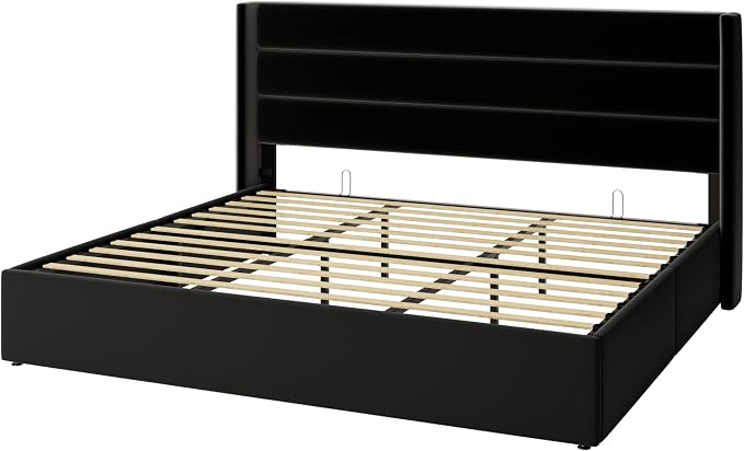 SHA CERLIN King Size Lift Up Storage Bed/Velvet Upholstered/Modern Wingback Headboard/Upholstered Platform Bed Frame/Hydraulic Storage/No Box Spring Needed/Black