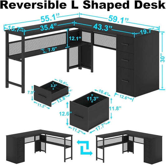 LVB Black L Shaped Desk, Reversible Computer Office Desk with Drawers, Modern Large L Shape Gaming Desk Table with File Cabinets, Wood Executive Corner Desk with Storage Shelf for Bedroom, 59 Inch
