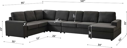 Ball & Cast 147" L-Shaped Sectional Couches for Living Room with Reversible Chaise&Removable Back Cushions,7 Seat Linen Upholstered Convertible Sectional Sofa,DIY Combination,for Home,Office,Dark Gray