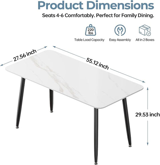 55" White Glossy Rectangular Sintered Stone Dining Table With Metal Legs | Versatile kitchen furniture for indoor and outdoor placement, matched with adjustable silent foot pads.