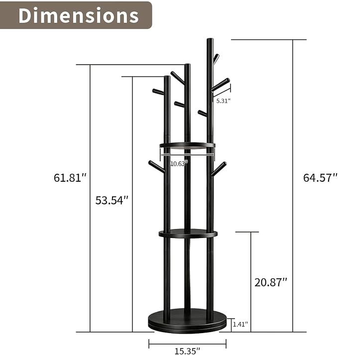 Solid Wood Rotary Coat Rack, Coat Rack Freestanding with 3 Storage Shelves & 9 hooks, Coat Tree for Entryway, Livingroom, Bedroom, Coat Hanger Stand for Coats, Scarves, Handbags, Hat (Black)