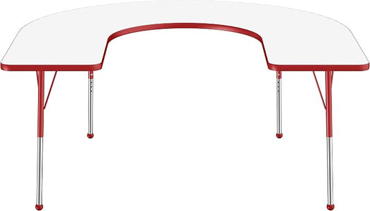 FDP Dry-Erase Horseshoe Activity School and Office Table (60 x 66 inch), Standard Legs with Ball Glides for Collaborative Spaces, Adjustable Height 19-30 inches - Whiteboard Top, Red Edge and Legs