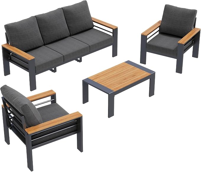 Aoxun Patio Furniture Set, 5 Piece Aluminum Patio Sets with 5" Thicken & Washable Cushion, Waterproof Outdoor Furniture with Coffee Table, Outdoor Couch Sectional for Backyard, Porch and Garden