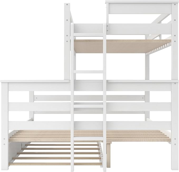 Wood Bunk Bed Twin XL Over Queen Size with Trundle, Detachable Design Bunk Bed Frame with Safety Guardrail, Ladder and Sturdy Slats Support (White+Trundle)