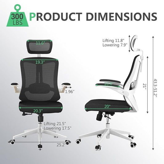 300 LBS Ergonomic Office Computer Mesh Chair - Adjustable Height Rolling Desk Chair with Flip-Up Armrests & High Back Support - Comfortable Swivel Task Chair for Home Office