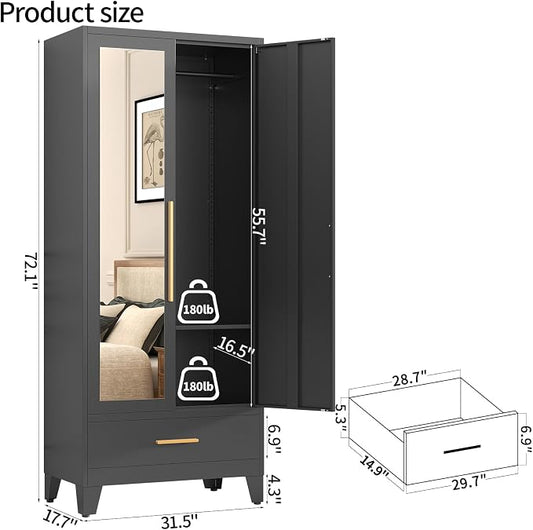 72" Tall Metal Wardrobe Closet - Large Clothing Storage Cabinet with 1 Hanging Rod, 1 Adjustable Shelve, 1 Drawer & Mirror Doors - Closet Organizer for Bedroom, Office, Laundry Room, Garage - Black