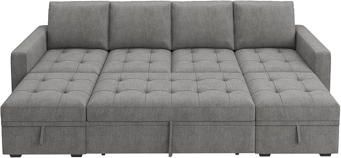 HONBAY Modular Sectional Sleeper Sofa with Pull Out Bed,U Shaped Couch with Storage Seat,Sectional Couches for Living Room,Warm Grey