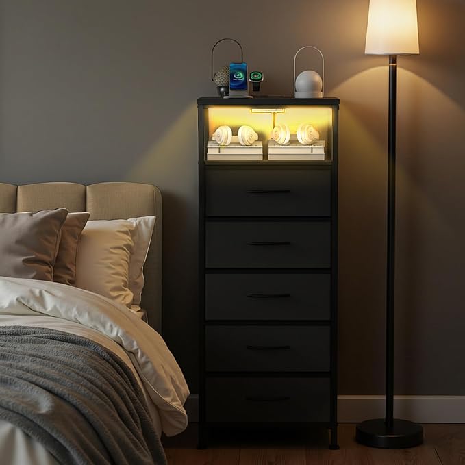 Sweetcrispy Nightstand with Charging Station, Dimmable LED Light Strip, 5 Fabric Storage Drawers, USB-C & AC Outlets, Sturdy Adjustable Feet, Modern Multifunctional Bedside Table, Black