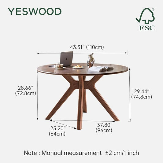YESWOOD 43.3’’ Round Black Walnut Dining Table for 4-6, Solid Wood Kitchen Table with Intersecting Pedestal Base, Farmhouse Circle Table for Dining Room, Living Room