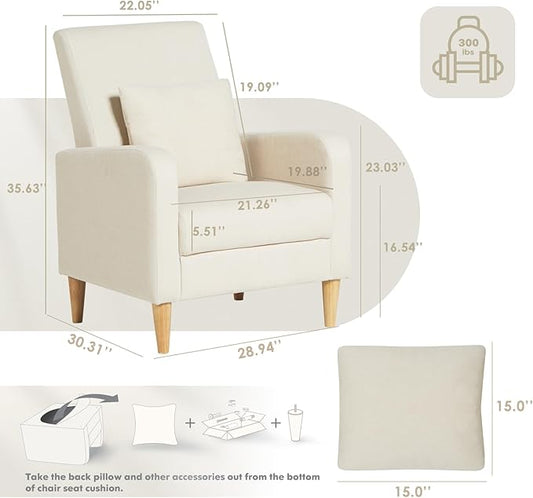 COLAMY Mid-Century Modern Accent Chairs Set of 2, Fabric Upholstered Living Room Chairs with Back Pillow & Solid Wood Legs, Comfy Armchair for Living Room, Bedroom, Single Sofa, Beige