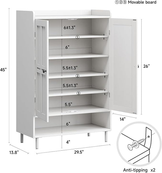 ComfyCorner White 7+1 Tier Farmhouse Shoe Storage Cabinet - 45" Tall Entryway Organizer with Cross Molding Doors, 3 Adjustable Shelves & Metal Legs, Shoe Rack for Front Door Entrance