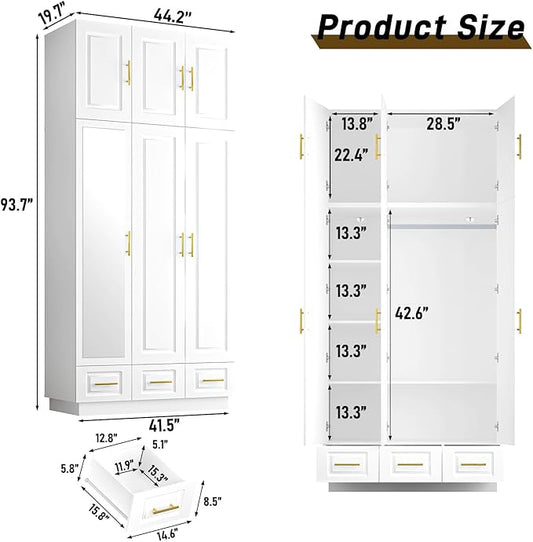 Hlivelood Large Armoire Wardrobe Closet Cabinet with Drawers and LED Lights, Multi-Tier Shelves, Hanging Rod, Large Capacity Storage 3 Door Wardrobe Armoire with Top Cabinet for Bedroom, White