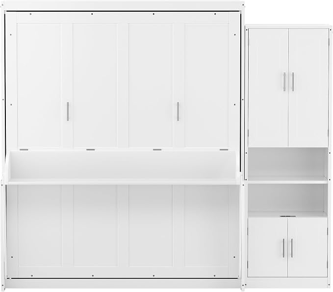 PVWIIK Queen Size Murphy Multifunctional Bed Frame with Desk & Storage Shelf & USB for Adult Boys Girls,Wall Bedframe Folding into Cabinet Design,White