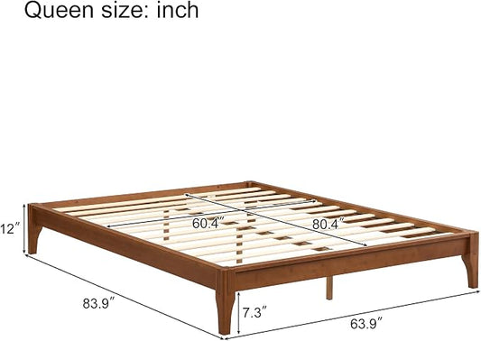Merax Mid-Century Bamboo Platform Bed, Queen Size Bed Frame with Wood Slat Support, No Box Spring Needed, Easy Tool-Free Assembly, Brown