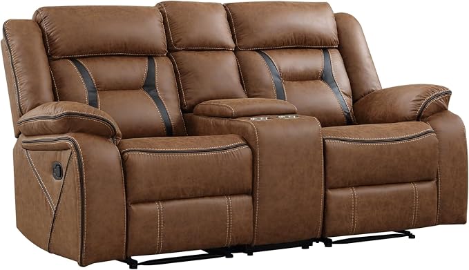 EBELLO Faux Leather Manual Loveseat Recliner, 2 Seat Reclining Sofa Chair with Center Console, Hidden Storage and Cup Holders, Daul Recliner for Living Room, Meeting Room, Brown (Loveseat)