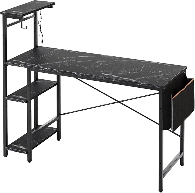 Bestier Gaming Desk with LED Lights, 51.3 Inch Computer Desk with 4 Tiers Reversible Shelves, Gamer Desk with Side Storage Bag, Hooks and Height Adjustable Shelf (Black Marble)