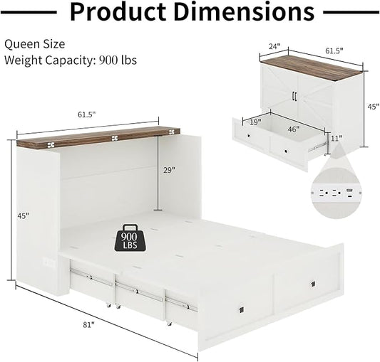 LUXOAK Queen Size Murphy Bed with Charging Station, Cabinet Bed with Large Storage Drawer for Home Office or Small Room, Hideaway Full Foldable Platform Bed, Barnwood+White