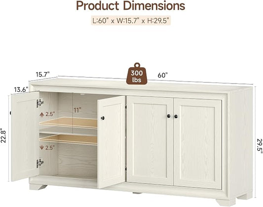 ONBRILL 60" Buffet Cabinet with Storage, 4 Doors Sideboard Buffet Cabinet with Adjustable Shelves, Modern Coffee Bar Console Table for Living Room, Kitchen, Entryway, Grey