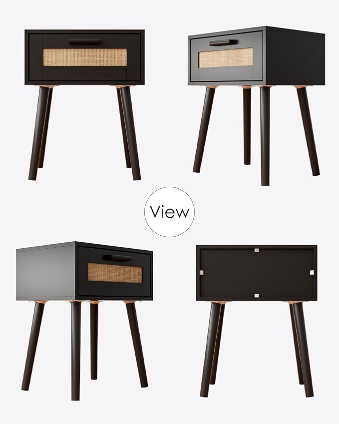 Aienvey Bedroom Nightstands Wooden Night Stands with Rattan Weaving Drawer Home Bedside End Table for Bedroom Storage (Bohemian-Black)