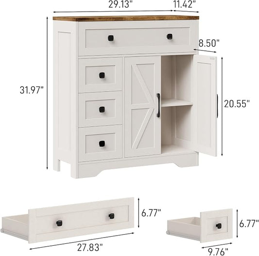 Vabches Farmhouse Storage Cabinet with 2 Doors and 4 Drawers, Freestanding Bathroom Storage Cabinet Kitchen Pantry, Floor Hutch Cupboard for Living Room/Bathroom/Kitchen.(Antique White