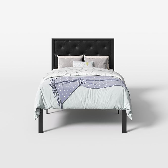 SHA CERLIN Twin Size Metal Bed Frame with PU Tufted Headboard, Black | Modern Design Heavy-Duty Platform Bed, No Box Spring Need, PU Leather Upholstery, Noise Free, Easy Assembly