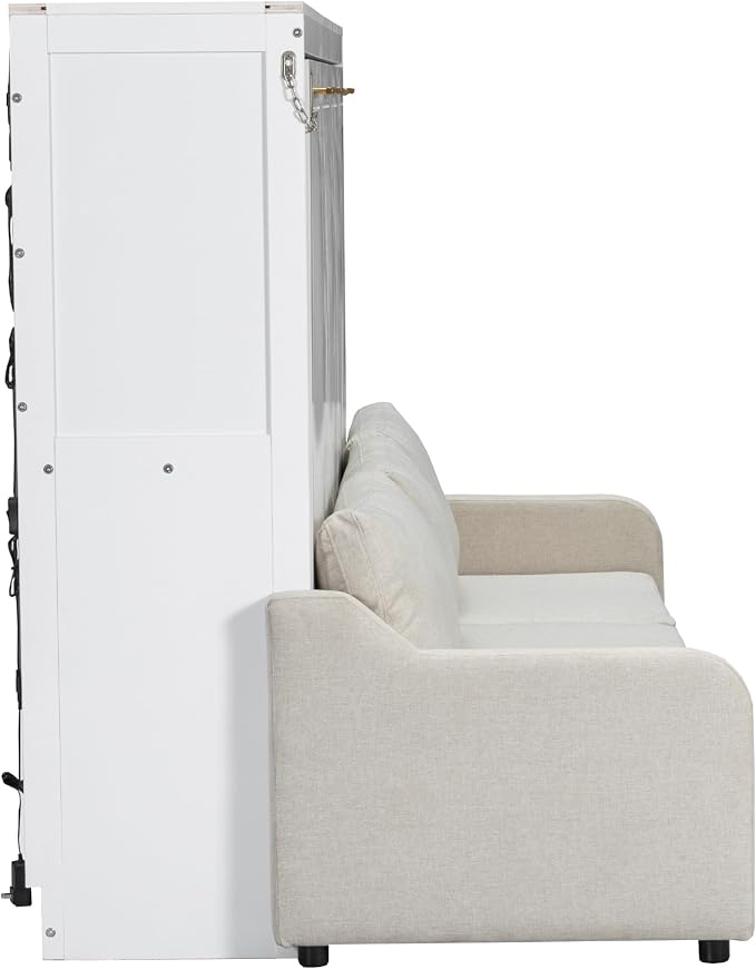 MERITLINE Full Horizontal Murphy Bed with Sofa and Storage Shelves, LED Light, Solid Wood Space Saving Hideaway Murphy Wall Bed with Couch and Storage for Adults (Beige,Full)