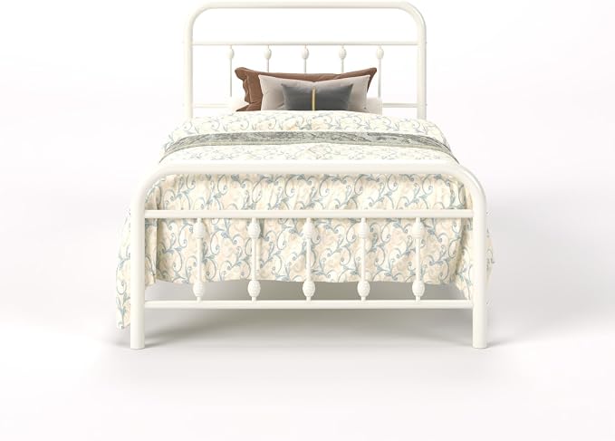 SHA CERLIN Twin Size Metal Platform Bed Frame with Victorian Style Iron-Art Headboard and Footboard, Easy Assembly, Under Bed Storage, No Box Spring Required, Off White