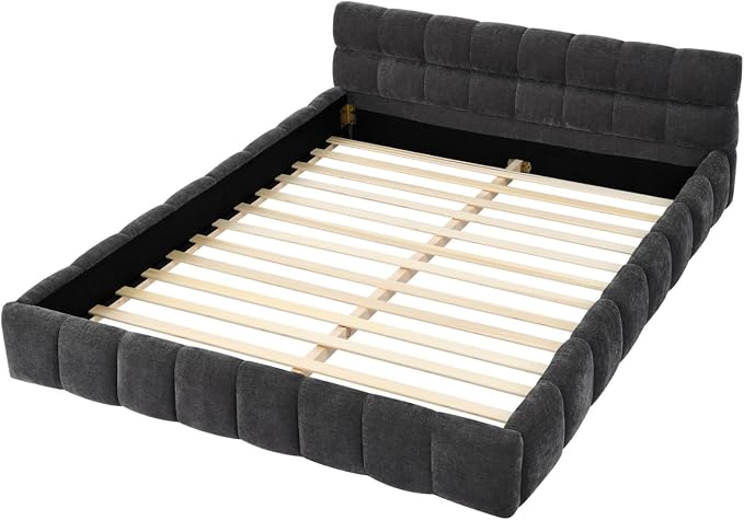 KEIKI Queen Thick Chenille Platform Bed Frame with Upholstered Tufted Headboard, Modern Solid Wood Floor Platform for Bedroom, No Box Spring Needed