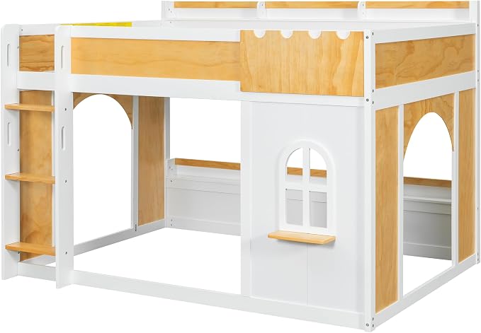 Full Over Full Bunk Bed with Storage Shelves,Window and Two Doors,for Kids Teens Adults Use (White+Natural-Doors, Full Over Full)