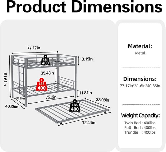 Metal Bunk Bed with Trundle, Space-Saving Bunk Bed Twin Over Twin with Ladders and Safety Guardrail, Heavy Duty Twin Bed Frames, No Box Spring Needed and Noise Free(Silver)