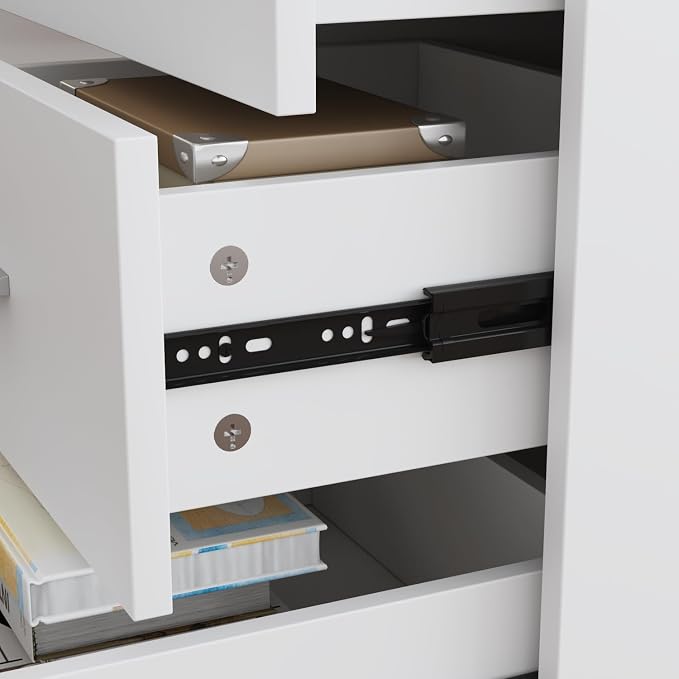 MOUMON L Shaped Standing Desk with Drawers and Shelves, Executive Adjustable Height Desk, L-Shaped Design, 63 inch Tabletop, for Office Oak and White (63”W x 63”D x 28.9-45.3”H)