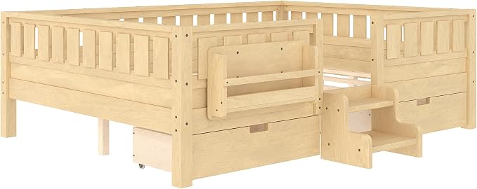 Bellemave Queen Size Bed with Slats and Stairs, Queen Size Platform Bed Frame with Fence, Bookshelf and Storage Drawers, Easy Assemble Beds for Girls, Boys, Light Natural