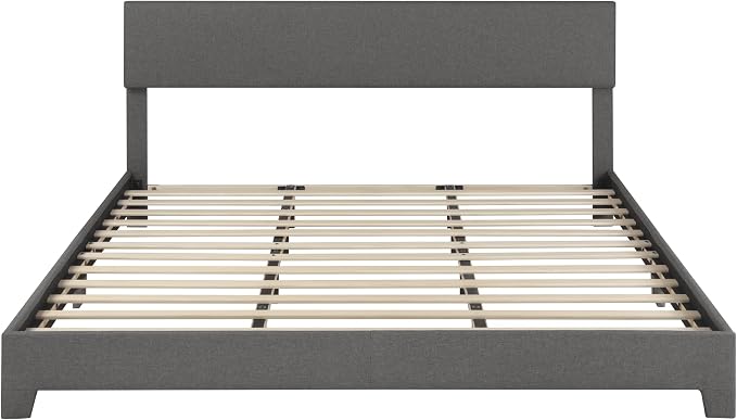 SHA CERLIN Linen Upholstered King Size Bed Frame with Headboard, Dark Gray | Adjustable Low-Profile Platform Bed, Minimalist Design, Stable Mattress Foundation, Strong Back-Support, No Box Spring Needed