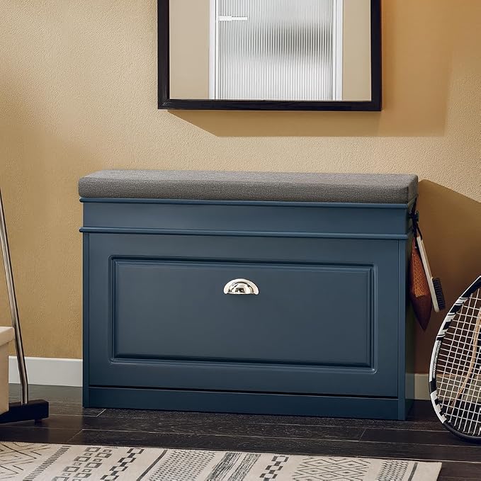 Haotian Shoe Storage Bench with Cushion, Navy Narrow Shoe Rack for Entryway, Small Shoe Cabinet with Flip-Drawer, Closet Hallway Mudroom FSR82-L-B