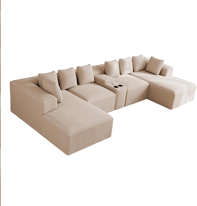 143" Oversized U Shaped Cloud Sectional Couches for Living Room, Comfy Fluffy Corduroy Beige Boneless Couch, Large Modular Sectional Sofa Set with Chaise, Cup Holder, USB Port, Storage Console