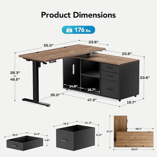 HUANUO 55 Inch L Shaped Standing Desk with Drawers, Electric Executive Desk with File Cabinet Sets, Adjustable Height Stand Up Desk, Home Office Computer Desk with 4 Memory Presets, Walnut