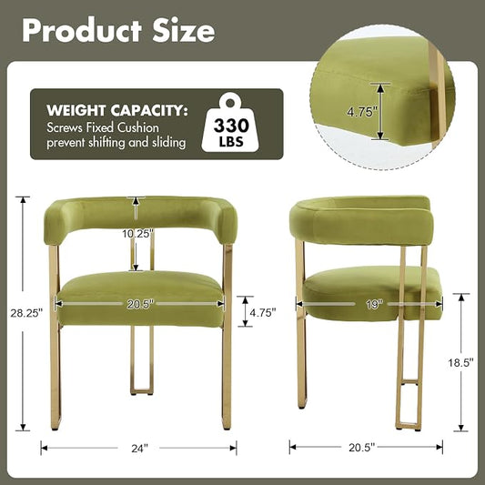Hyfirm Green and Gold Modern Dining Chairs Set of 6, Velvet Upholstered Barrel Armchairs with Metal Legs for Kitchen Island, Mid Century Accent Chairs for Dining Room Living Room, Open-Back