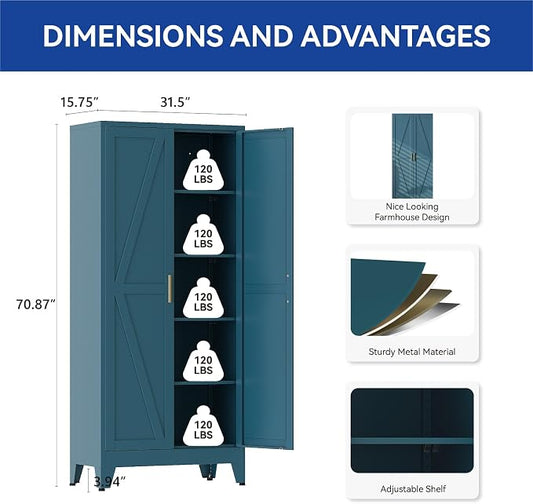 COFaR Metal Pantry Cabinet with Doors, Farmhouse 71'' Tall Storage Cabinet with 4 Adjustable Shelves, Kitchen Pantry Cabinet for Dinning Room, Laundry, Peacock Blue 5-Tier