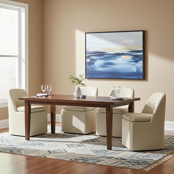 KISLOT Upholstered Dining Chairs with Casters, Washable Cover Modern Dining Room Chairs with Thick Cushion & Sturdy Metal Frame for Kitchen, Living Room, Dressing Room, Sand Fabric, Set of 4
