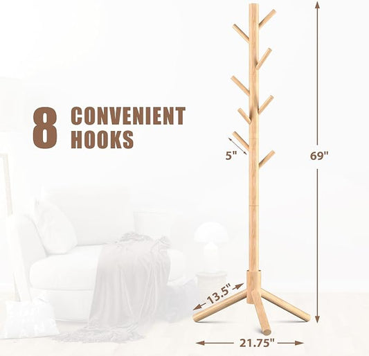 Haddockway Wooden Coat Rack Stand with 8 Hooks New Zealand Pine 3 Adjustable Coat Standing Tree Easy Assembly for Coats, Hats, Scarves and Handbags for Entryway, Hallway, Bedroom, Office