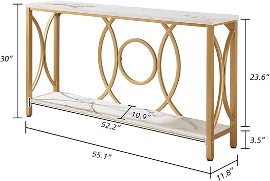 HOMISSUE Sofa Console Table, Modern Gold Console Table with Faux Marbled Tabletop, Engineered Wood Entryway Tables with 2 Tier Storage, Narrow Sofa Table for Living Room, Hallway (55 Inch, White&Gold)