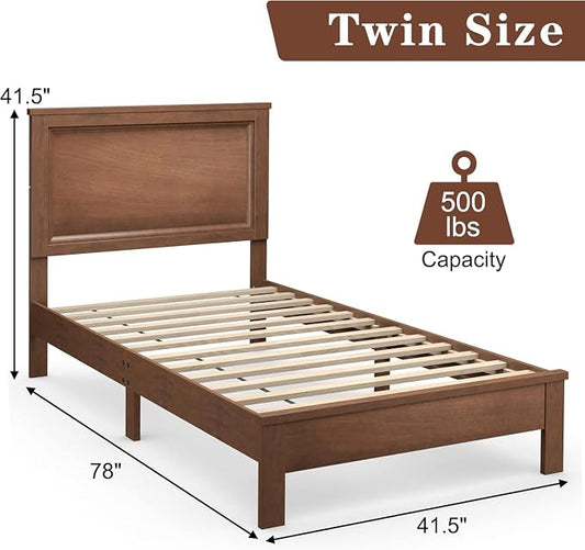 Wood Bed Frames with Headboard, Mid Century Bed Frame with Solid Wood Legs & Wooden Slat Support, Mattress Foundation Bed Base, No Box Spring Needed, (Walnut, Twin)