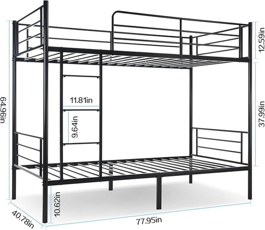 Bunk Bed Twin Over Twin with Ladders and Guardrail,Sturdy Literas Heavy Duty Metal Slats,400 lbs Capacity,No Spring Box Required,Black