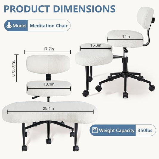 DUMOS Ergonomic ADHD Meditation Office Desk Chair with Adjustable Backrest, Cross Legged Chair Height Adjustable with 360° Swivel Footstool, Yoga Stool for Home Office, Teddy Fabric White