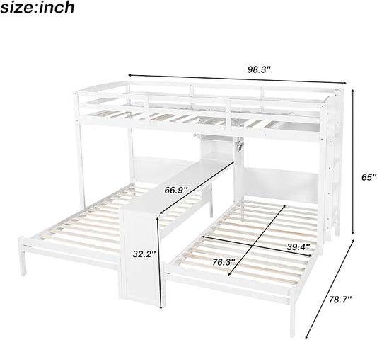 VilroCaz Twin Over Twin & Twin Bunk Bed with Built-in Desk and Storage Shelves, 3 Beds in 1 Design Solid Wood Triple Bunk Bed with Reading Lamp and Guardrails for Kids Teens Aldults (White-2.14)
