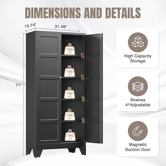 Yizosh Metal Storage Cabinet with 2 Doors and 4 Adjustable Shelves - 71" Black Kitchen Pantry Storage Cabinet,4-Tier Tall Steel Cabinet Locker for Living Room,Dining Room,Kitchen