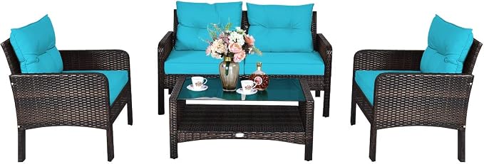 Tangkula 4 Piece Patio Furniture Set, Outdoor Wicker Conversation Set with Glass Top Coffee Table, All Weather Proof and Thick Cushions, Suitable for Porch, Garden, Poolside and Lawn (Turquoise)